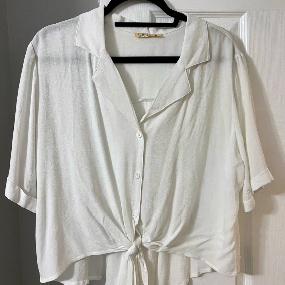 White button down short sleeve tied shirt